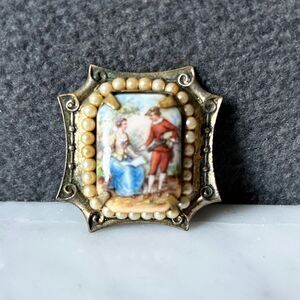 Antique Victorian Hand Painted Couple Portrait Cameo Seed Pearl Brooch Pin